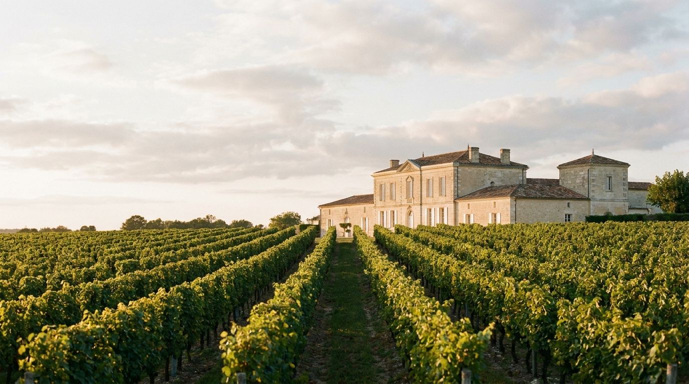 Rangs de vignes du Médoc menant à un château viticole en pierre claire, sous une lumière atlantique dorée de fin d'après-midi