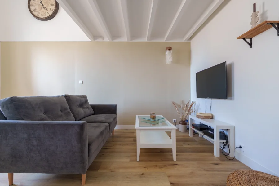 Salon cosy avec canapé, table basse et télévision au Duplex Gambetta