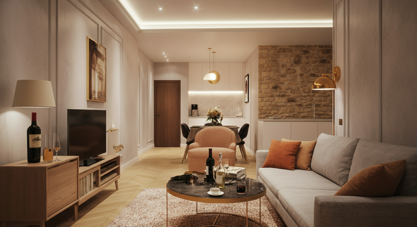 Intérieur lumineux d'un appartement en location courte durée à Bordeaux, salon design avec mobilier haut de gamme et décoration soignée