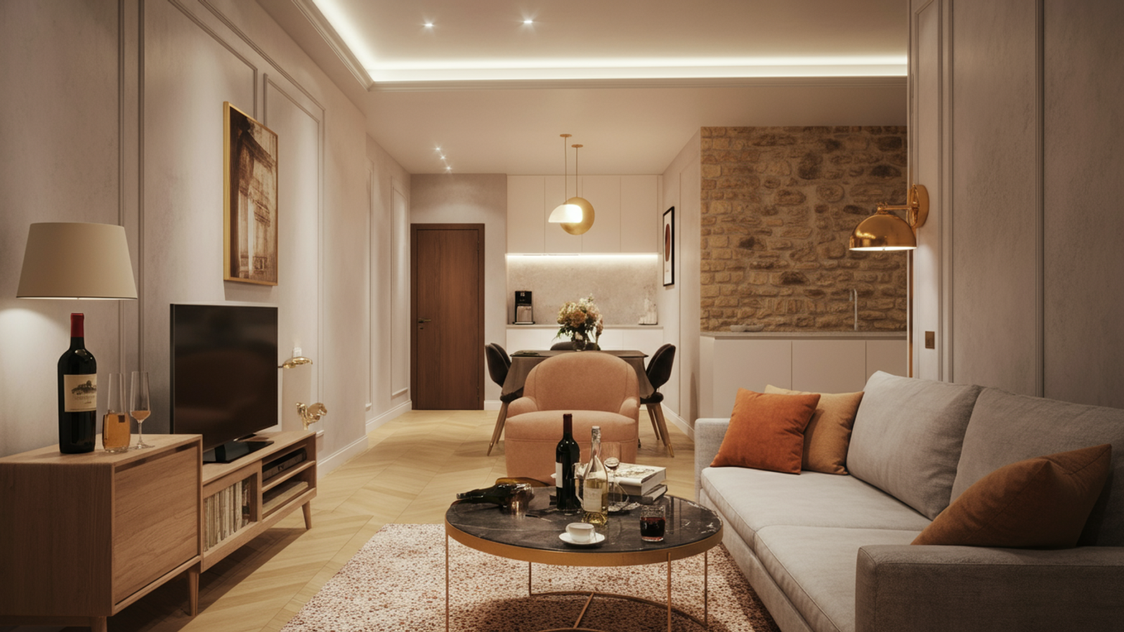 Intérieur lumineux d'un appartement en location courte durée à Bordeaux, salon design avec mobilier haut de gamme et décoration soignée
