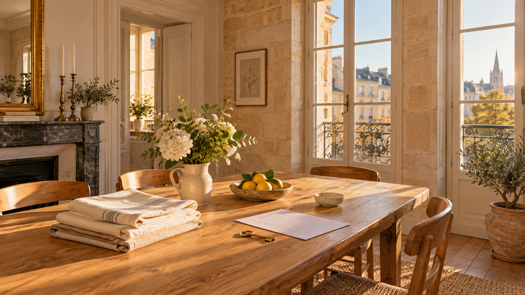 Table dressée et linge préparé dans un appartement bordelais lumineux