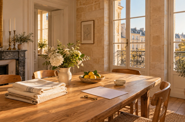 Table dressée et linge préparé dans un appartement bordelais lumineux