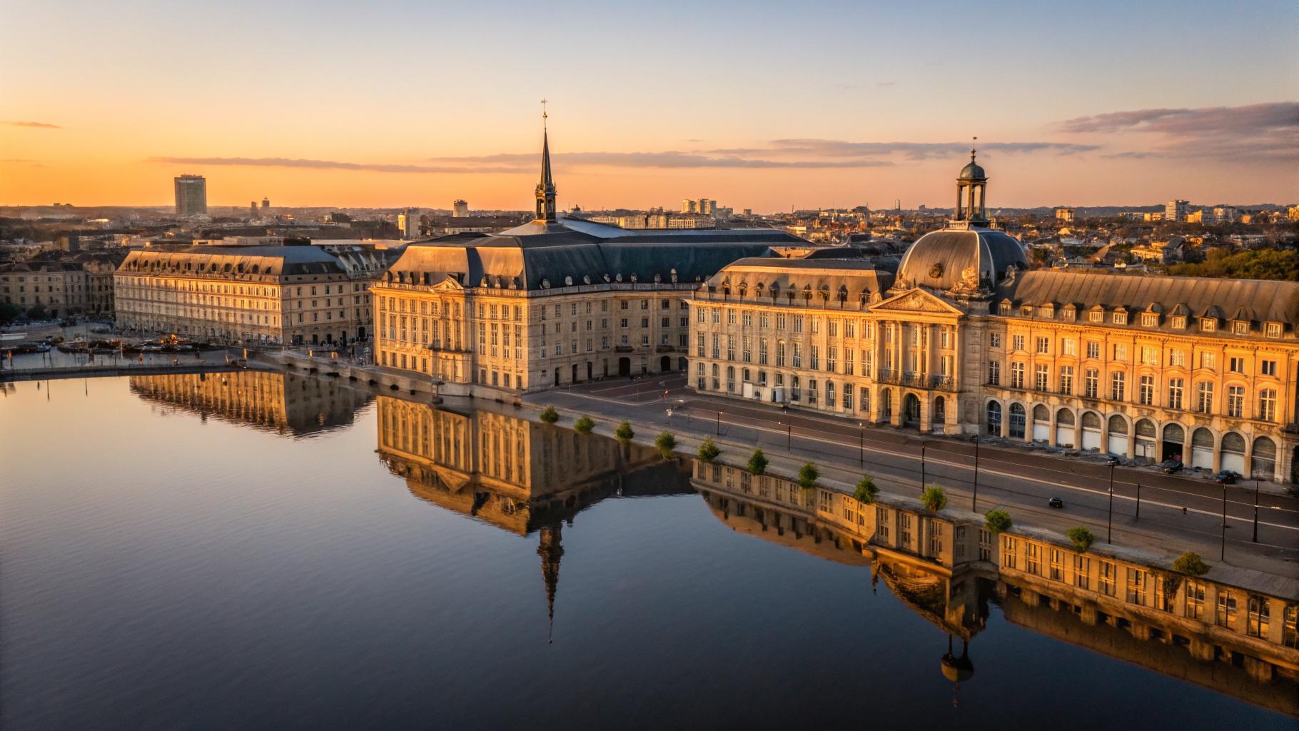 Vue aérienne de Bordeaux et la Garonne au coucher de soleil, reflets dorés sur l'eau
