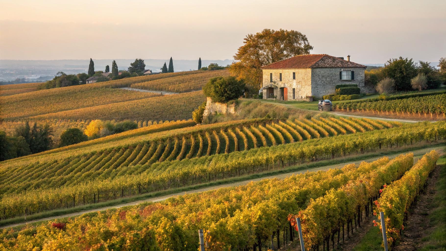 Vignobles de l'Entre-Deux-Mers à la vendange, rangées dorées sur collines, mas en pierre et tuiles en arrière-plan, lumière atlantique