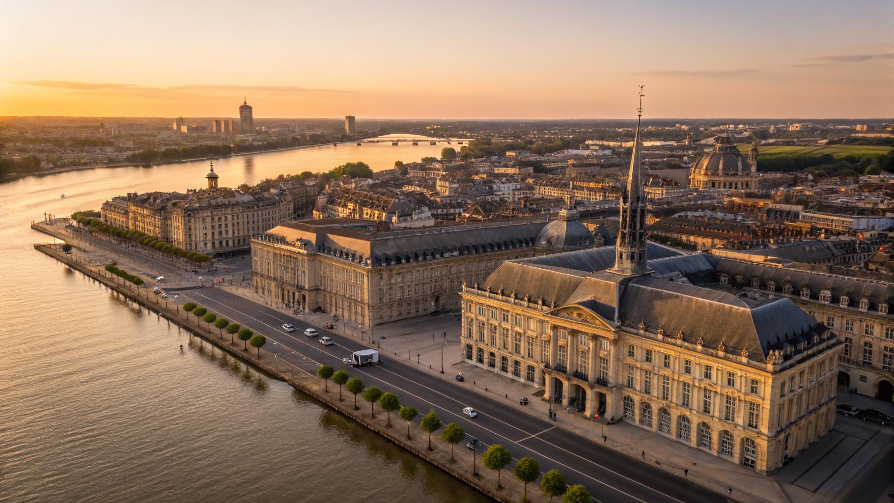 Vue aérienne du centre historique de Bordeaux avec la Place de la Bourse et le miroir d'eau, lumière dorée atlantique sur les façades calcaires