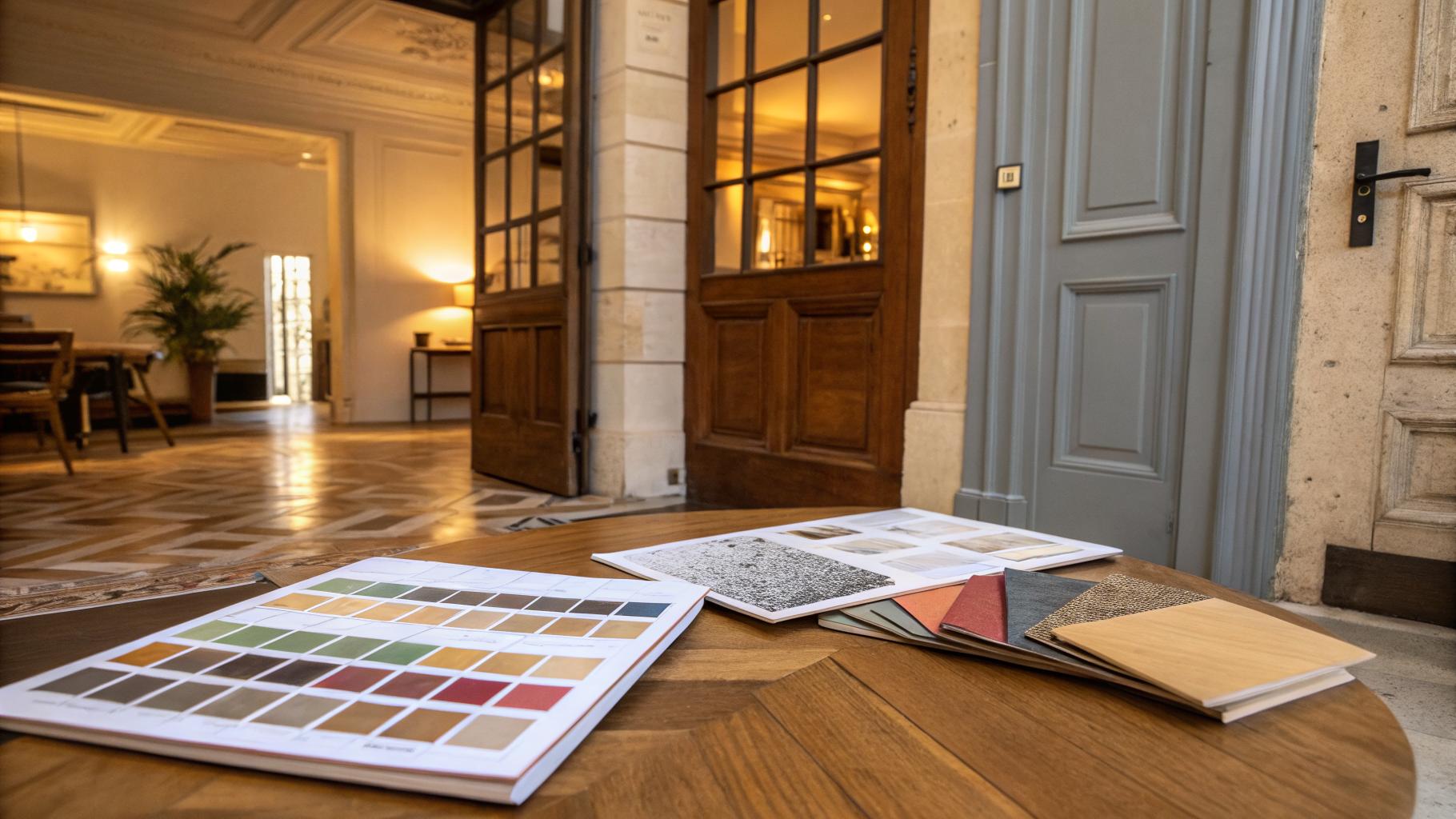 Échantillons de matériaux de rénovation et nuanciers de peinture sur table en chêne, appartement bordelais 18e siècle en arrière-plan