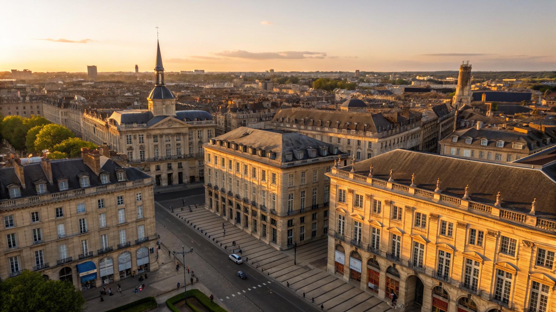 Toits de Bordeaux vus du ciel, architecture haussmannienne, lumière dorée de fin de journée