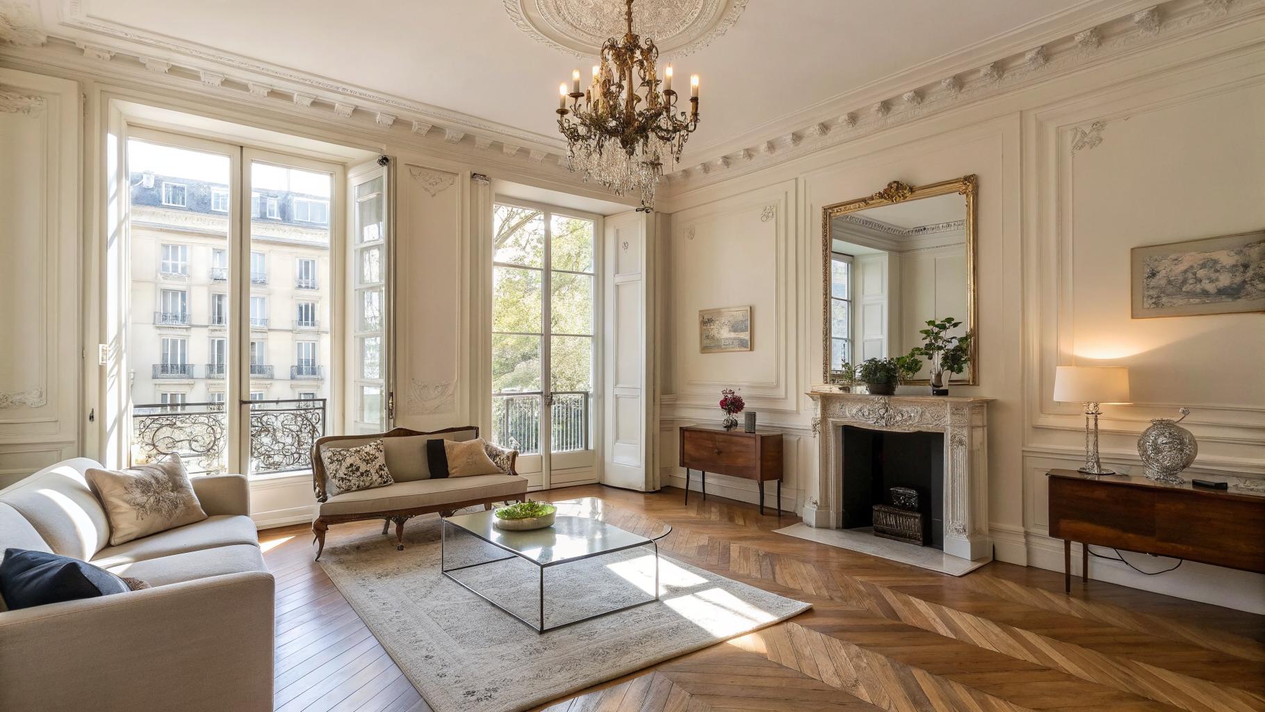 Appartement bordelais meublé moderne, salon lumineux avec parquet, décoration épurée