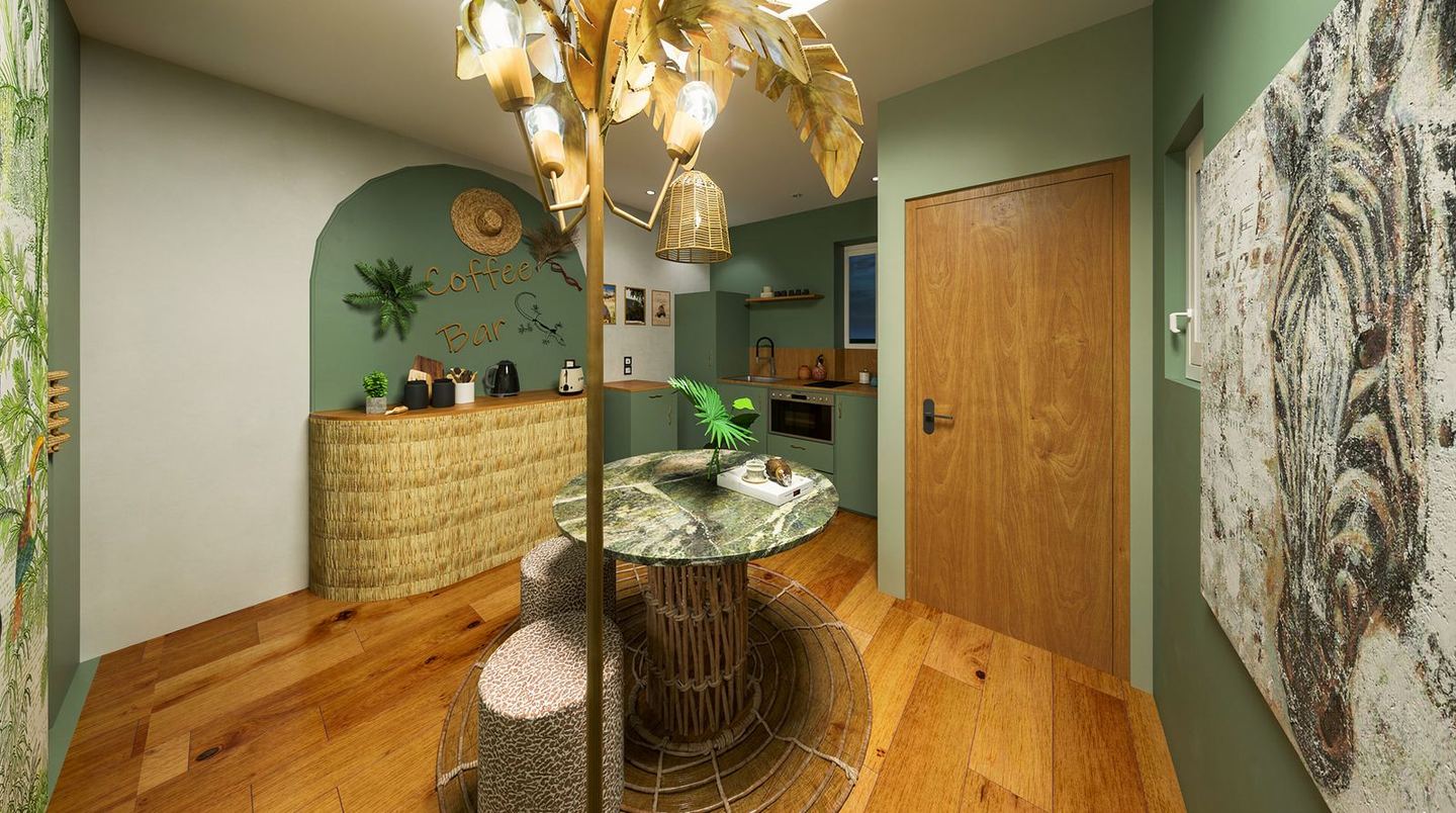 Rendu 3D d'un coin repas avec papier peint tropical et coffee bar