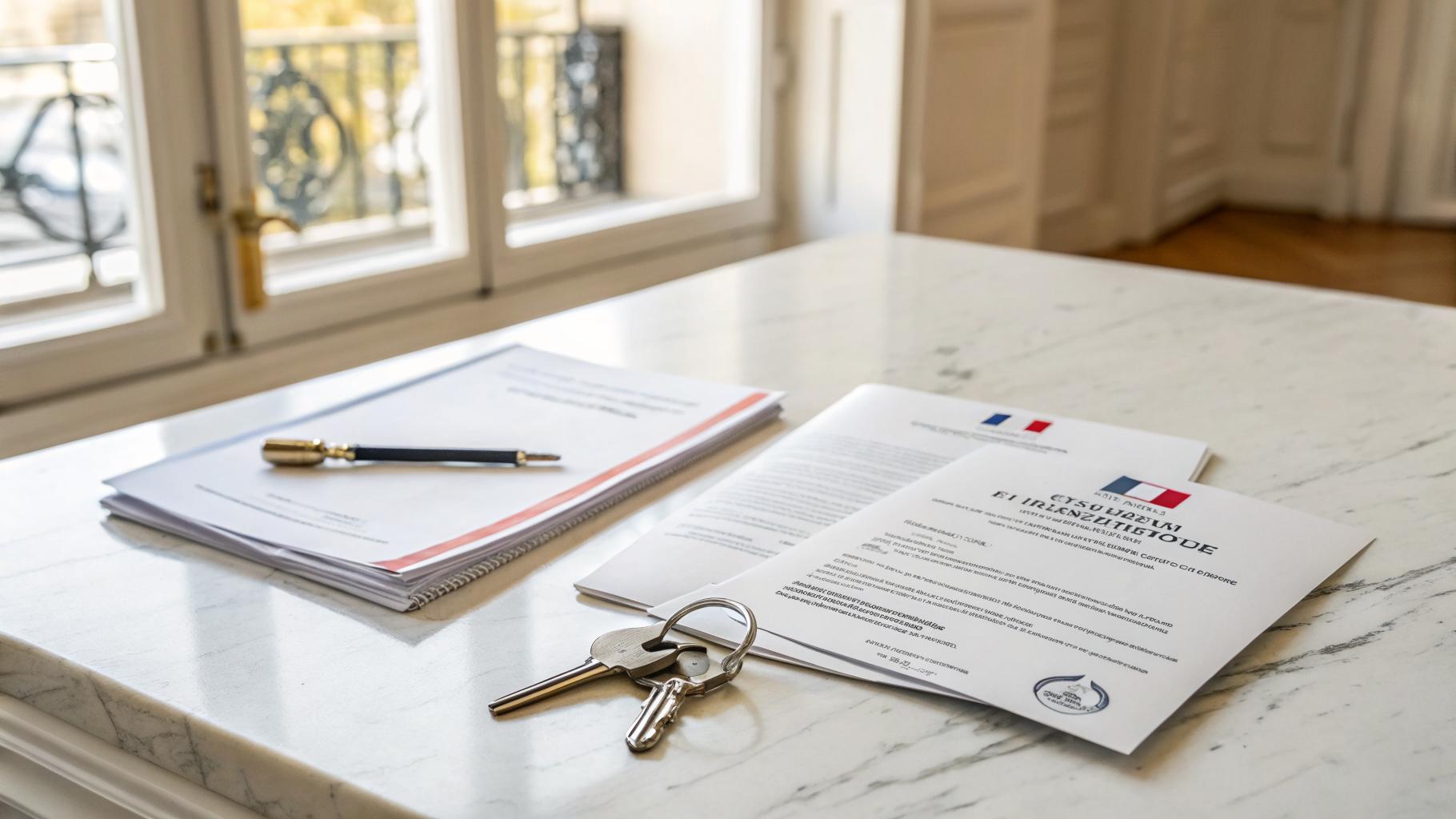 Documents administratifs officiels et clés d'appartement sur bureau en bois, lumière naturelle douce