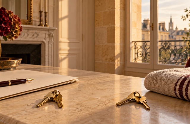 Deux jeux de clés, un dossier papier et du linge dans un appartement bordelais en lumière dorée