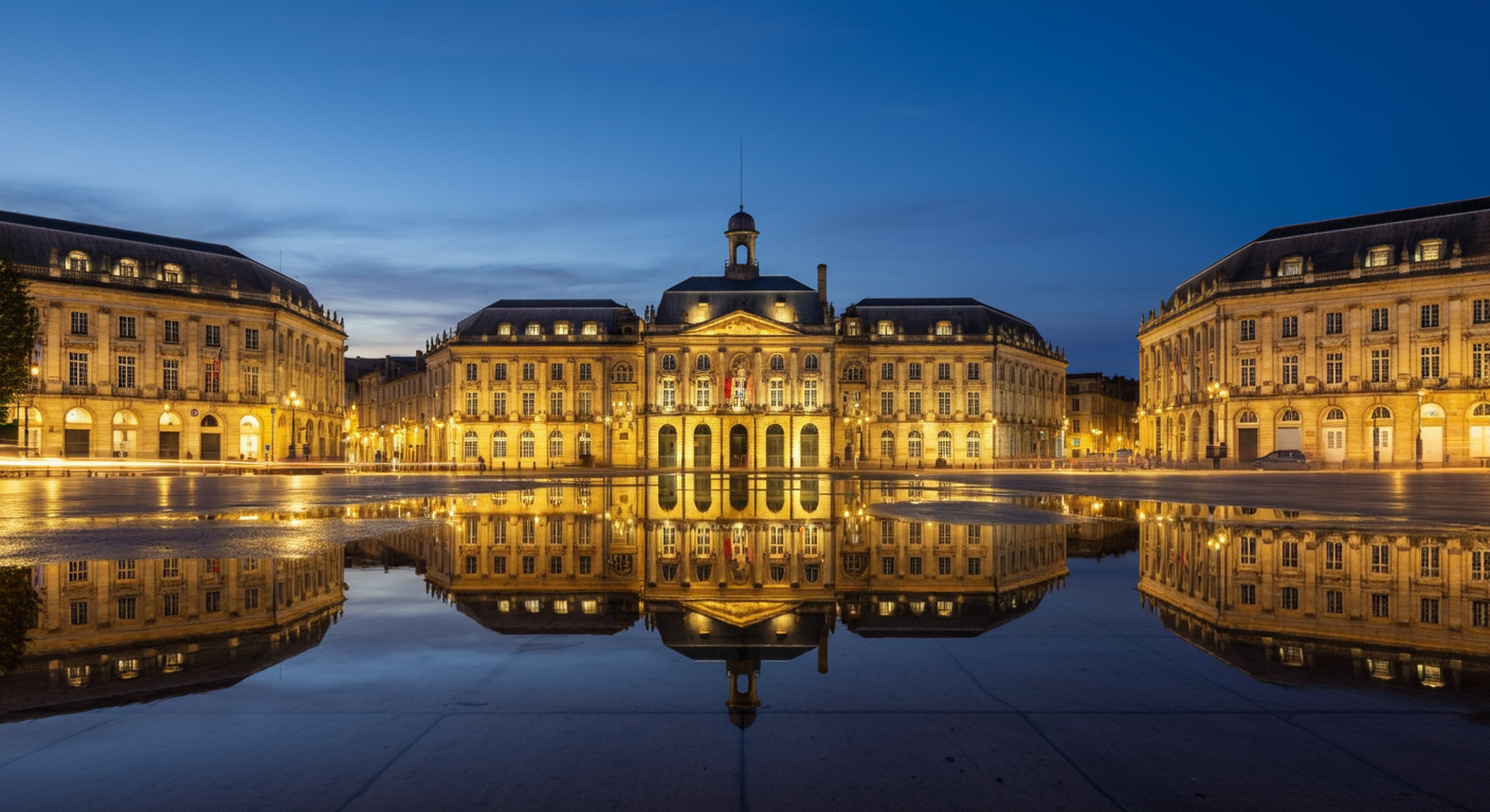 Place de la Bourse de Bordeaux et son reflet dans le Miroir d'Eau