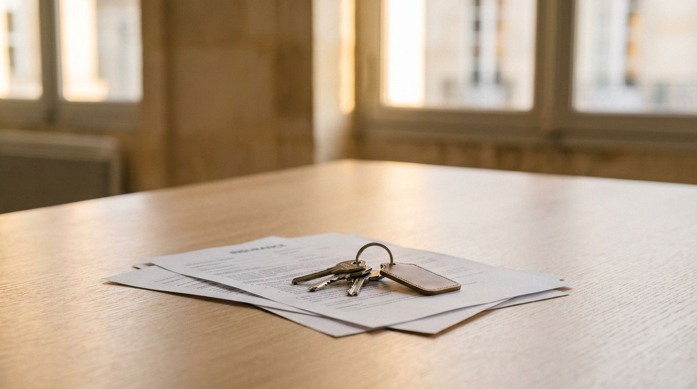 Documents d'assurance et trousseau de clés posés sur un bureau en chêne clair, hautes fenêtres en pierre calcaire en arrière-plan, lumière chaude
