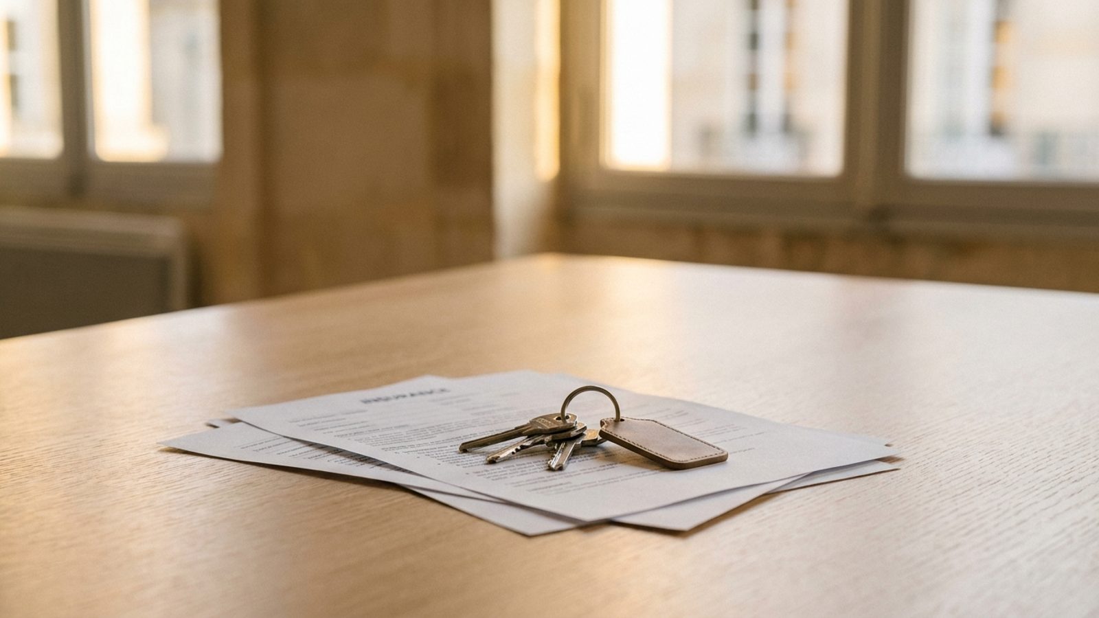 Documents d'assurance et trousseau de clés posés sur un bureau en chêne clair, hautes fenêtres en pierre calcaire en arrière-plan, lumière chaude