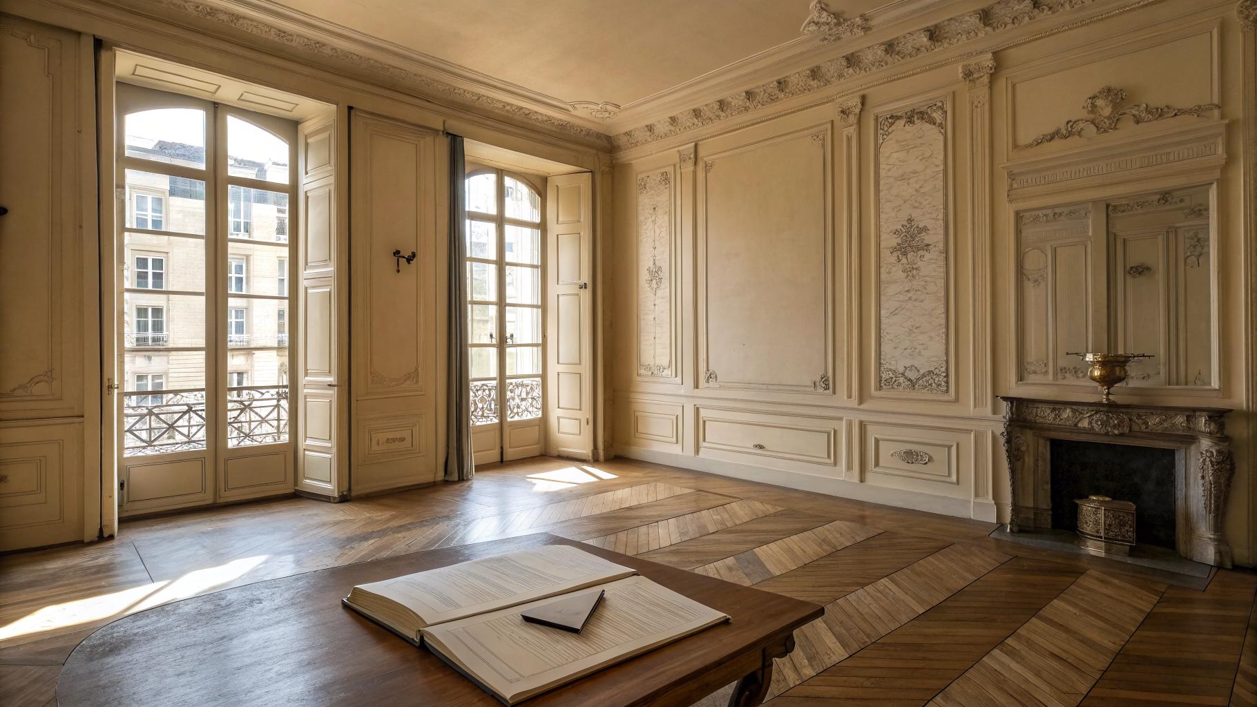Appartement bordelais 18e siècle serein, cahier ouvert et stylo sur table basse, lumière atlantique ambrée, atmosphère calme