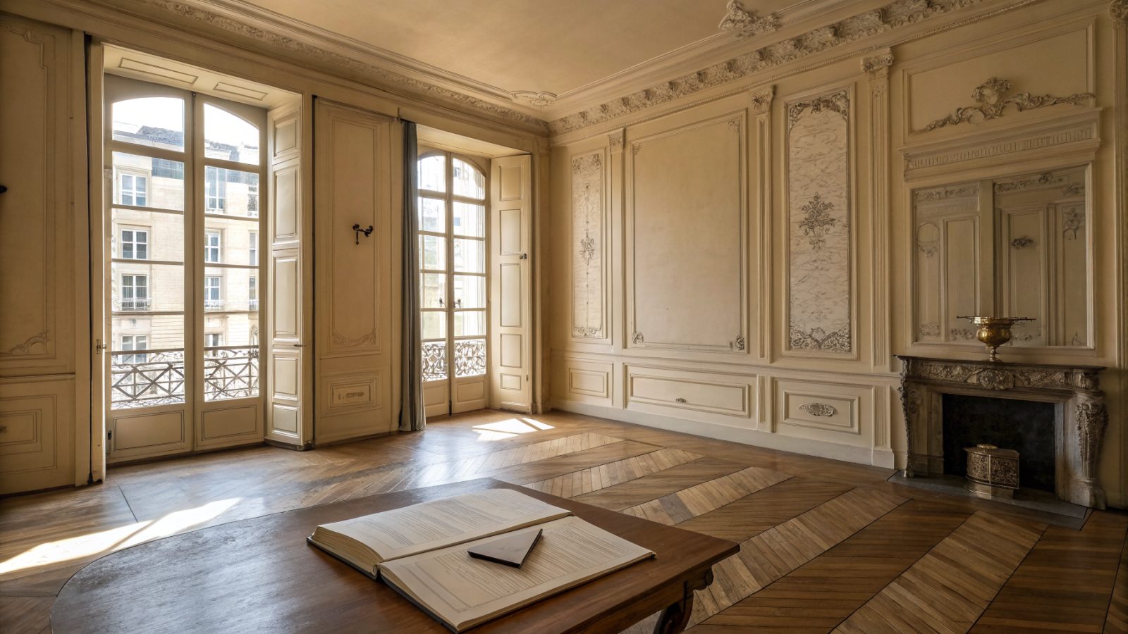 Appartement bordelais 18e siècle serein, cahier ouvert et stylo sur table basse, lumière atlantique ambrée, atmosphère calme