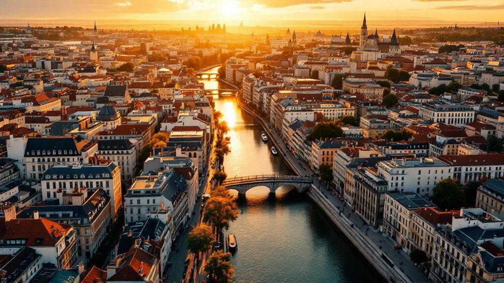 Vue aérienne de Bordeaux et des communes périphériques au coucher du soleil