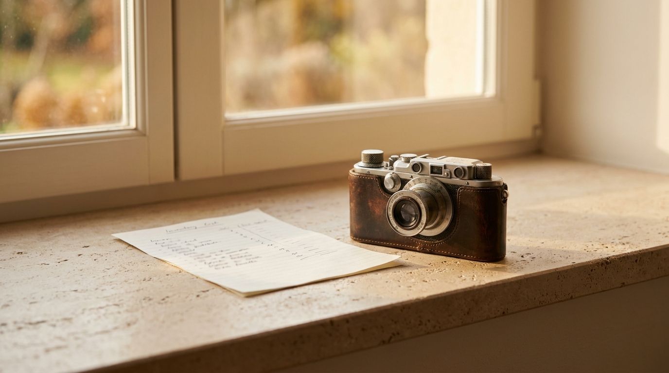 Appareil photo argentique et liste d'état des lieux posés sur un rebord de fenêtre en pierre calcaire bordelaise, sous une lumière dorée