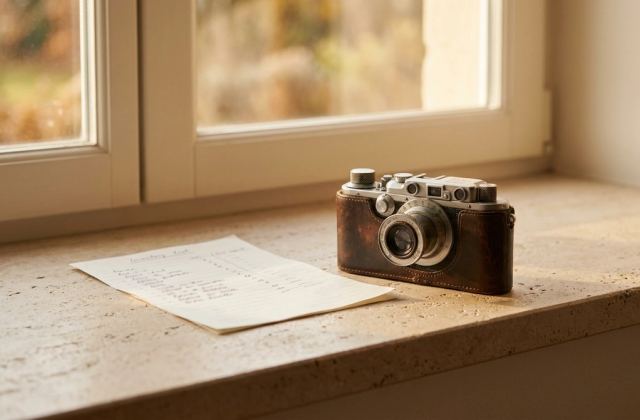 Appareil photo argentique et liste d'état des lieux posés sur un rebord de fenêtre en pierre calcaire bordelaise, sous une lumière dorée