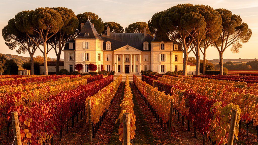 Château viticole du Médoc entouré de rangées de vignes en automne, lumière dorée de fin d'après-midi