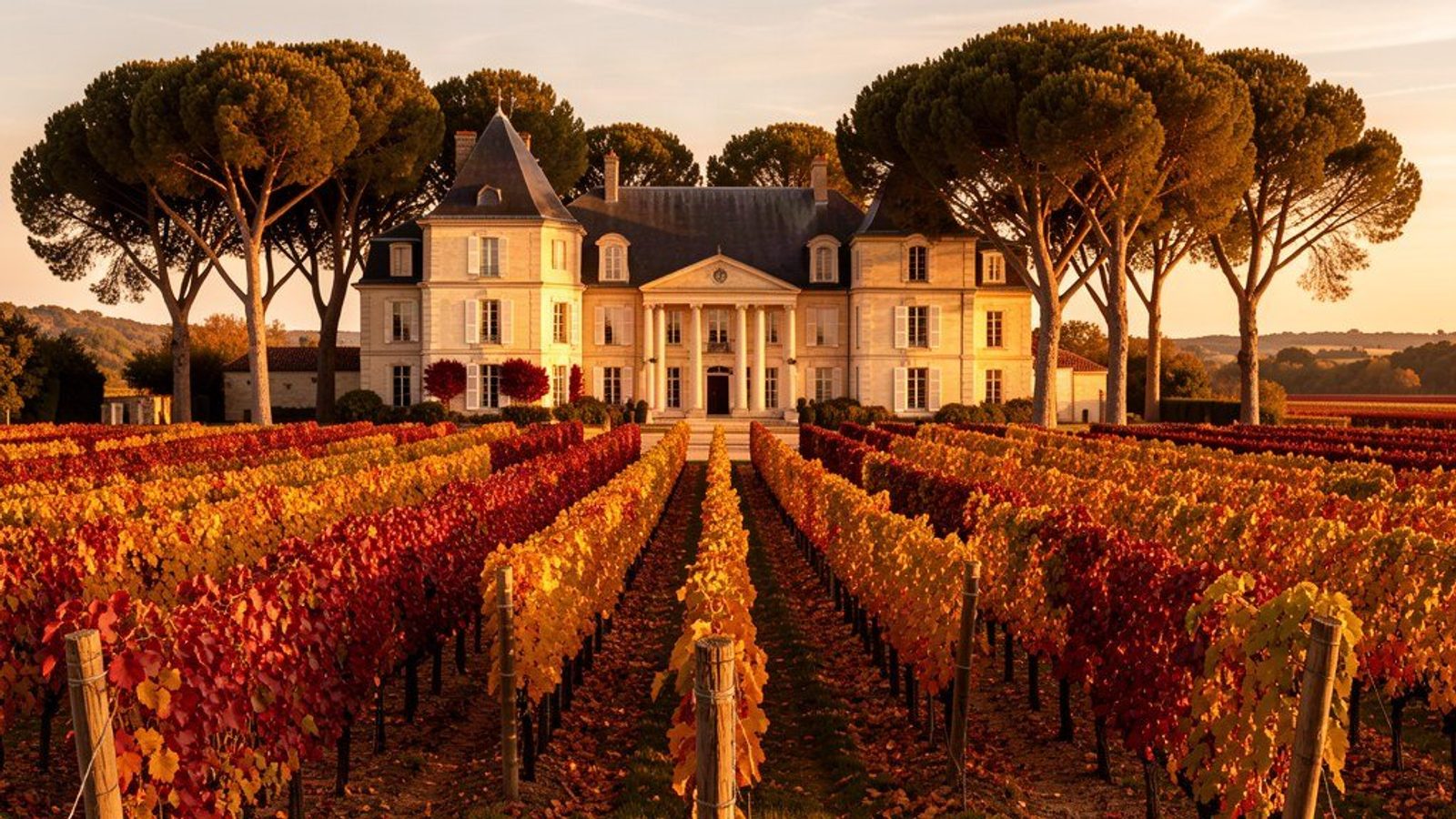 Château viticole du Médoc entouré de rangées de vignes en automne, lumière dorée de fin d'après-midi