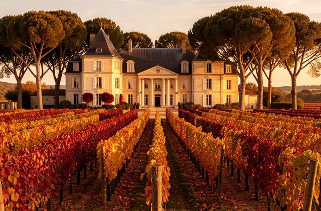 Château viticole du Médoc entouré de rangées de vignes en automne, lumière dorée de fin d'après-midi