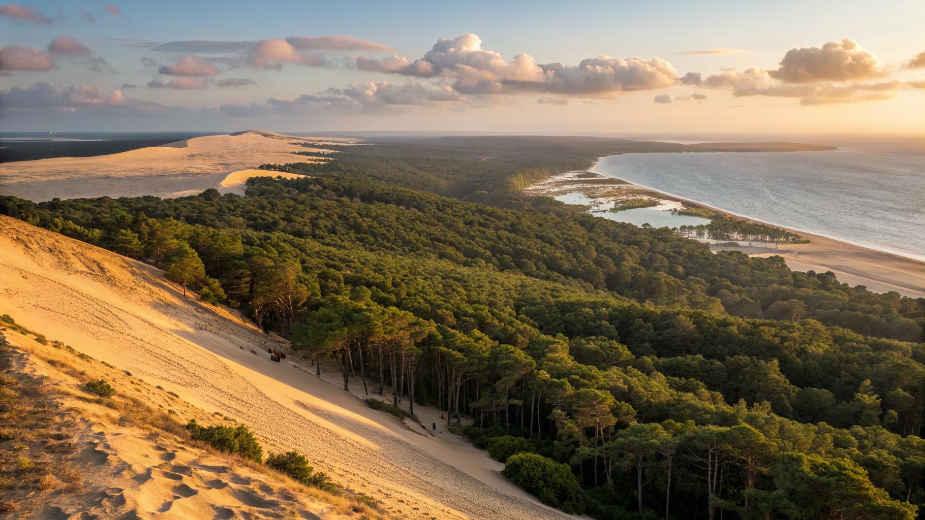 Dune du Pilat depuis le sommet, océan Atlantique et forêt de pins des Landes, lumière ambrée de fin d'après-midi, vue panoramique