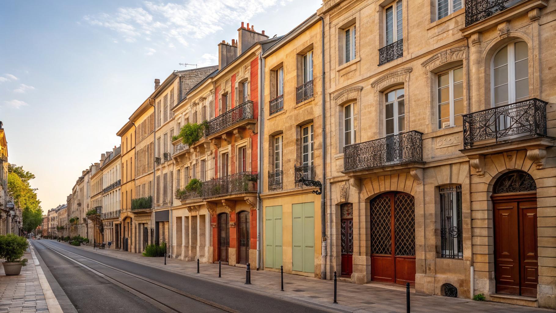 Rue Notre-Dame aux Chartrons, maisons de négoce aux façades ocre, crème et terracotta, encadrements calcaires et balcons en fer forgé, lumière atlantique