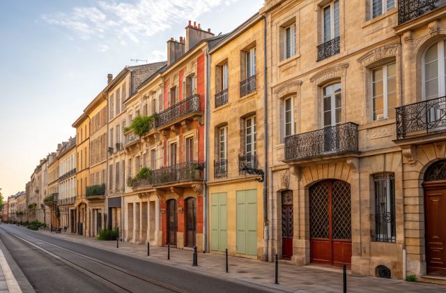 Rue Notre-Dame aux Chartrons, maisons de négoce aux façades ocre, crème et terracotta, encadrements calcaires et balcons en fer forgé, lumière atlantique