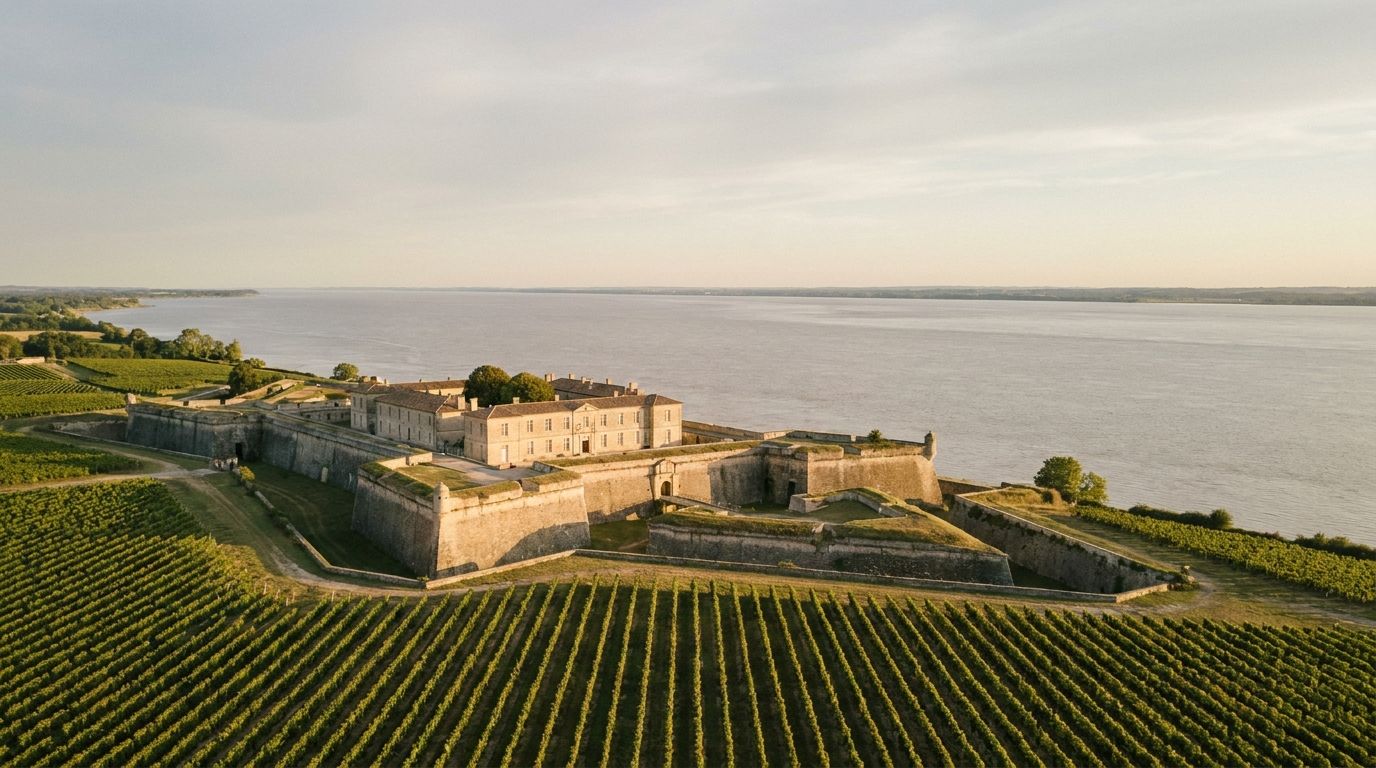 Citadelle Vauban de Blaye surplombant l'estuaire de la Gironde, vignes au premier plan, sous une lumière atlantique dorée