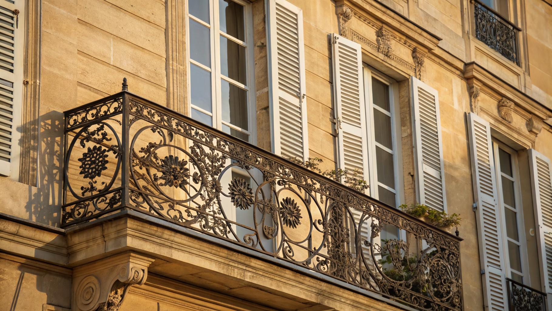 Détail de façade bordelaise 18e siècle, ferronnerie de balcon ouvragée aux motifs de vigne, pierre de taille miel, volets en bois, lumière atlantique douce