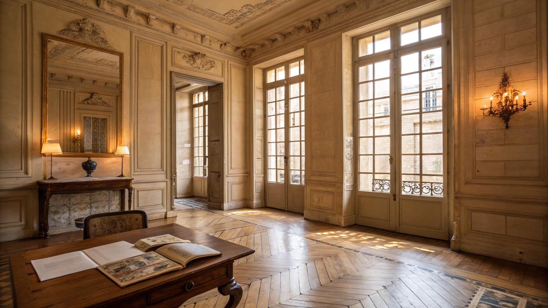 Appartement bordelais 18e siècle avec documents d'évaluation imprimés sur table basse, lumière atlantique filtrée par de hautes fenêtres