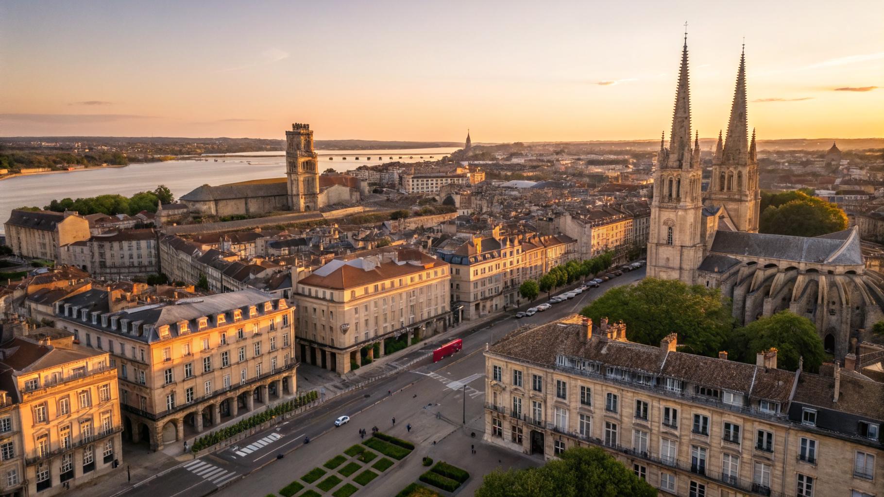 Vue aérienne panoramique du centre historique de Bordeaux à l'heure dorée, toits en pierre calcaire et clochers d'église, Garonne en arrière-plan