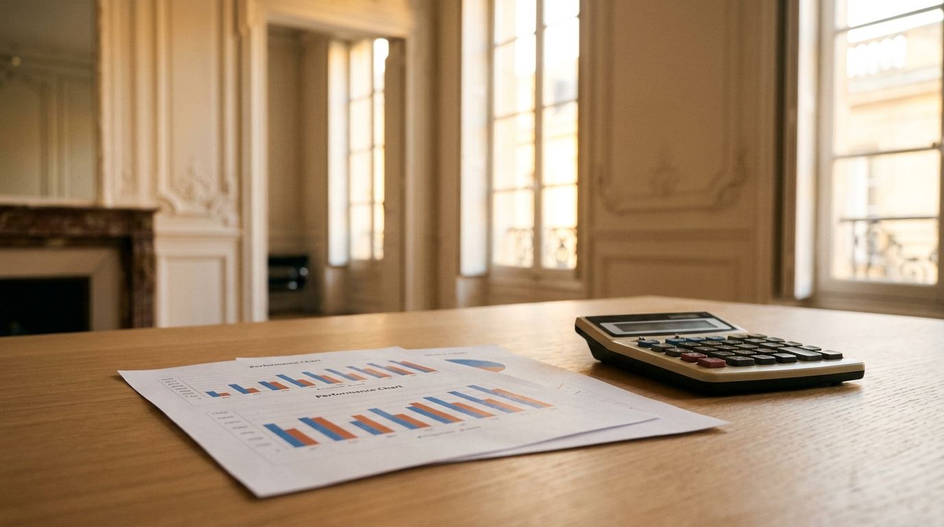 Graphiques de performance imprimés et calculatrice posés sur un bureau en chêne clair, appartement bordelais en arrière-plan, lumière chaude