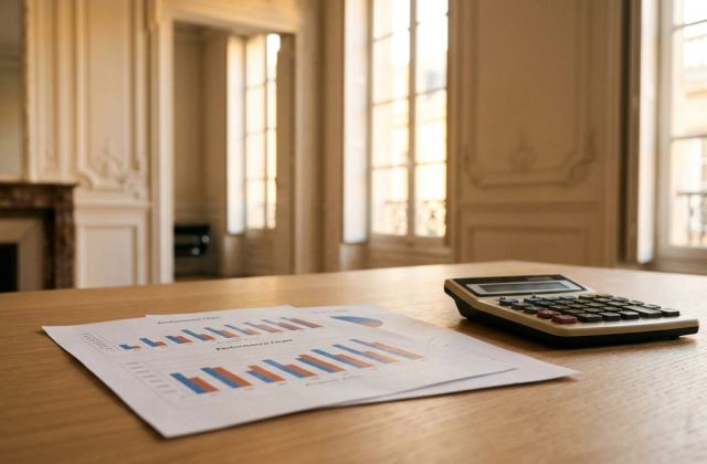 Graphiques de performance imprimés et calculatrice posés sur un bureau en chêne clair, appartement bordelais en arrière-plan, lumière chaude