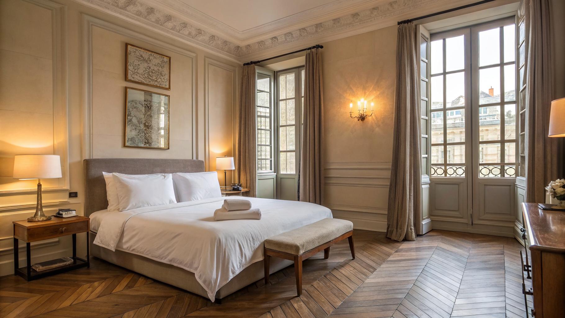 Chambre d'appartement bordelais 18e siècle, literie blanche hôtelière premium, parquet en chevrons, lumière atlantique ambrée à travers grandes fenêtres