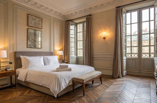 Chambre d'appartement bordelais 18e siècle, literie blanche hôtelière premium, parquet en chevrons, lumière atlantique ambrée à travers grandes fenêtres