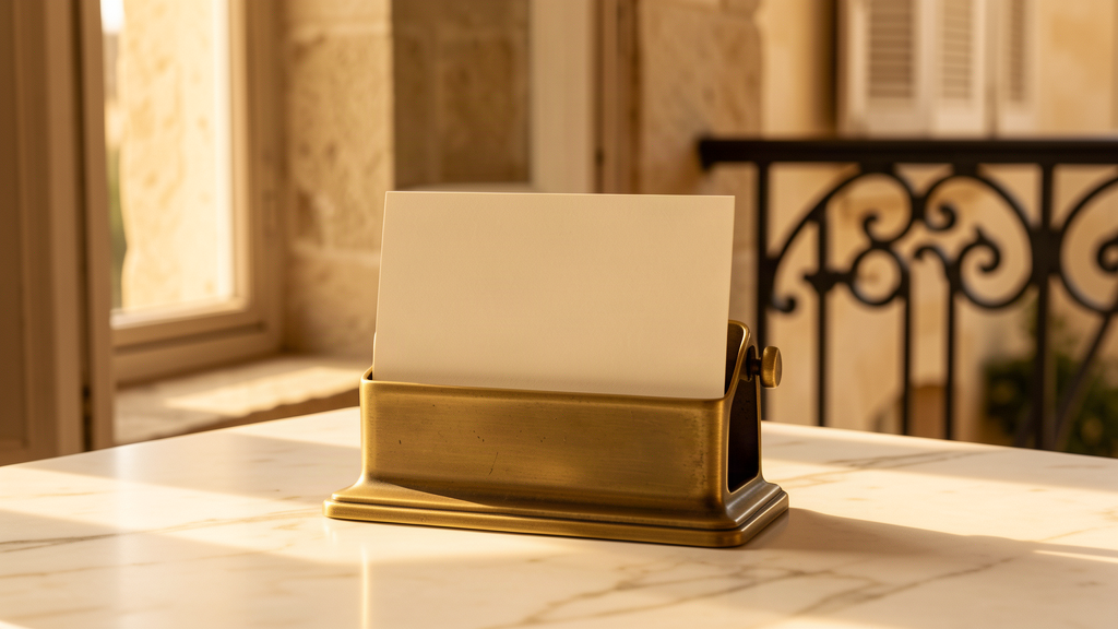 Porte-carte en laiton doré tenant une carte vierge sur un marbre clair, devant une fenêtre en pierre calcaire bordelaise, lumière ambrée de fin d’après-midi.