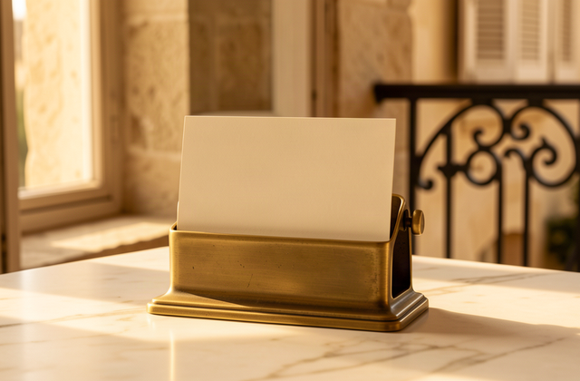 Porte-carte en laiton doré tenant une carte vierge sur un marbre clair, devant une fenêtre en pierre calcaire bordelaise, lumière ambrée de fin d’après-midi.