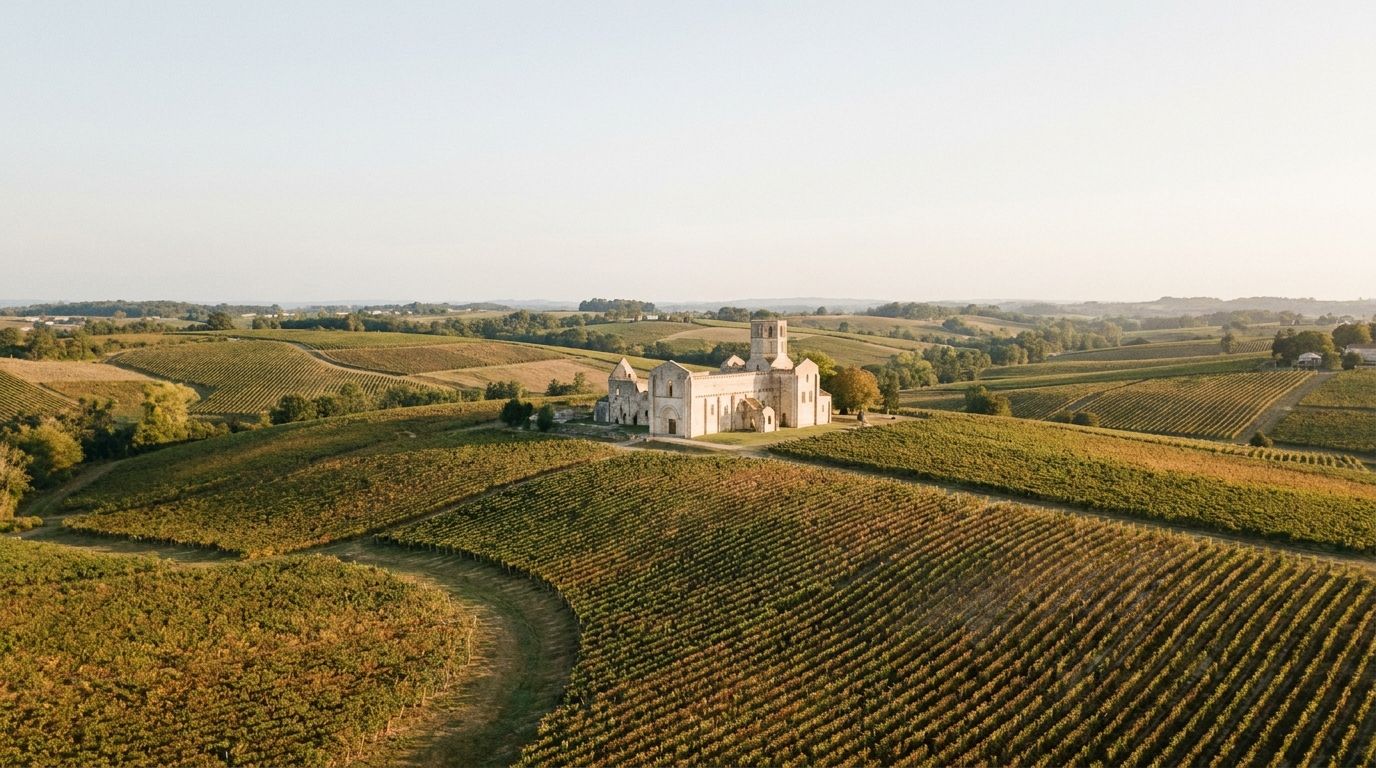 Paysage vallonné de vignes de l'Entre-deux-Mers et ruines romanes de l'abbaye de La Sauve-Majeure, sous une lumière atlantique dorée