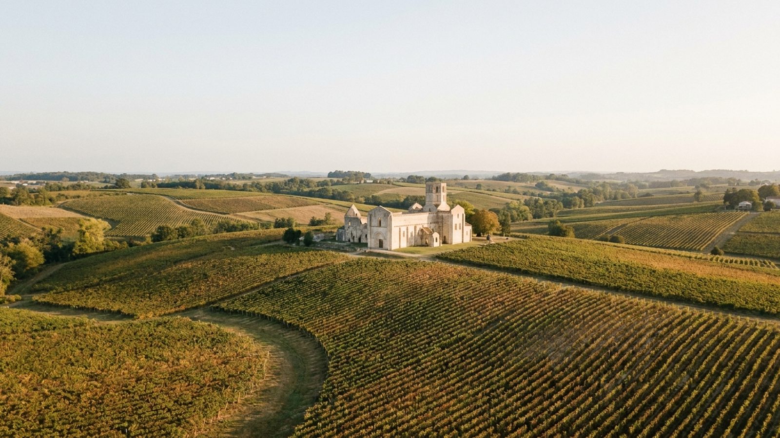 Paysage vallonné de vignes de l'Entre-deux-Mers et ruines romanes de l'abbaye de La Sauve-Majeure, sous une lumière atlantique dorée