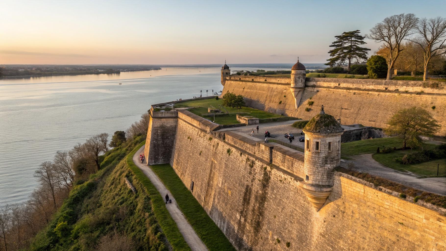 Citadelle de Blaye, remparts Vauban en pierre dorée dominant l'estuaire de la Gironde, vignobles du Médoc sur l'horizon