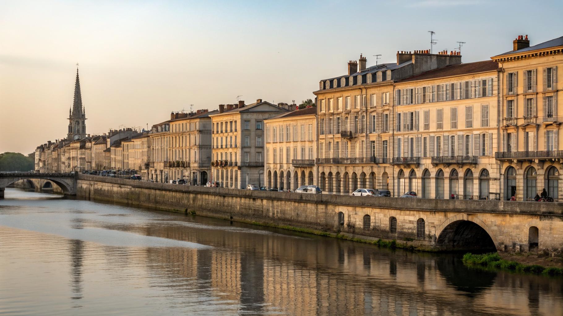 Quais des Chartrons vus depuis la Garonne, façades 18e siècle reflétées dans l'eau calme, Pont de Pierre en arrière-plan, lumière dorée