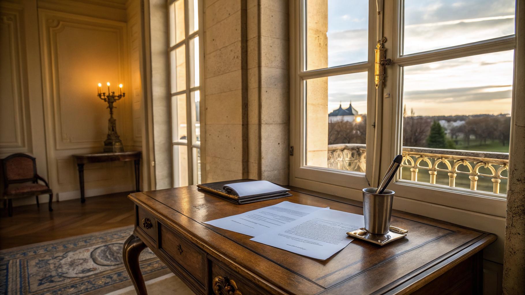 Bureau en bois clair avec une annonce Airbnb imprimée et un stylo, mur en pierre calcaire bordelaise en arrière-plan, lumière atlantique douce de fin d'après-midi