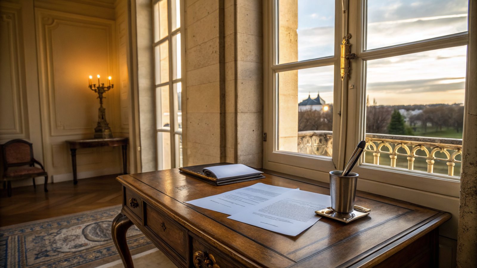 Bureau en bois clair avec une annonce Airbnb imprimée et un stylo, mur en pierre calcaire bordelaise en arrière-plan, lumière atlantique douce de fin d'après-midi