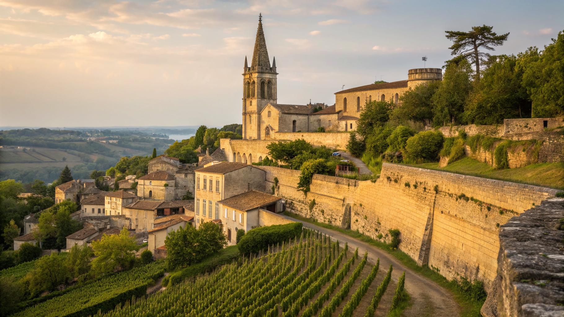 Village de Saint-Émilion perché sur son éperon calcaire, clocher roman, terrasses de vignes en lumière atlantique dorée