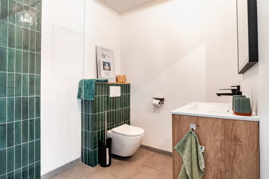 WC suspendus et meuble vasque en bois, carrelage zellige vert