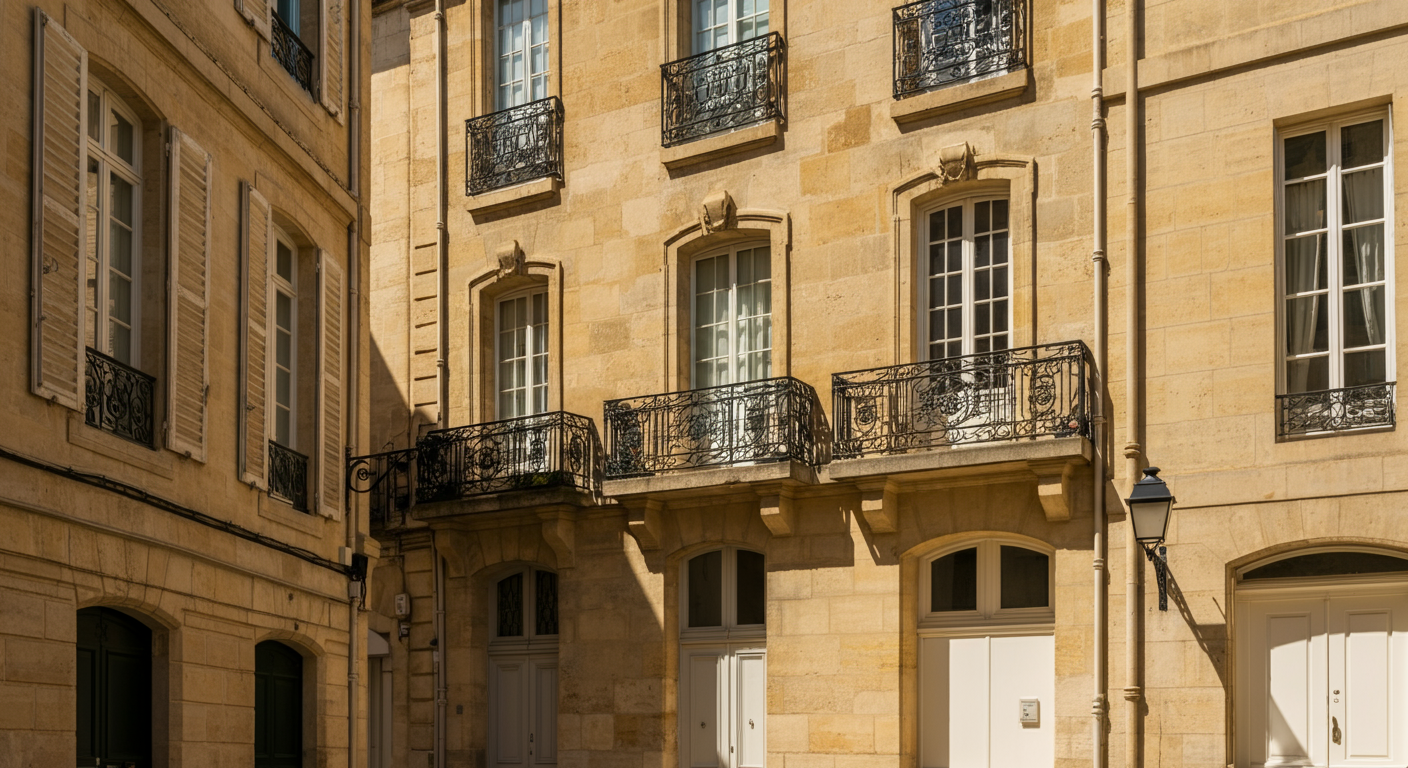 Façades haussmanniennes en pierre de Bordeaux avec balcons ornés et volets, lumière naturelle douce