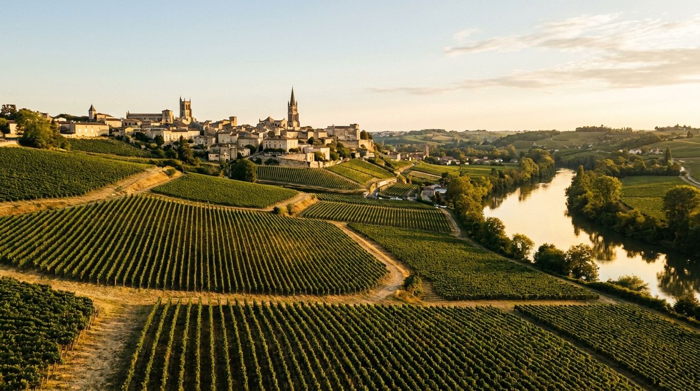 Vignobles du Libournais et village de Saint-Émilion au loin, la Dordogne serpentant dans la vallée sous une lumière atlantique dorée