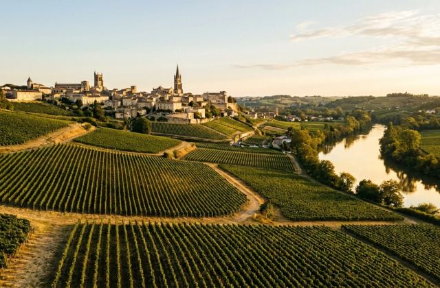 Vignobles du Libournais et village de Saint-Émilion au loin, la Dordogne serpentant dans la vallée sous une lumière atlantique dorée